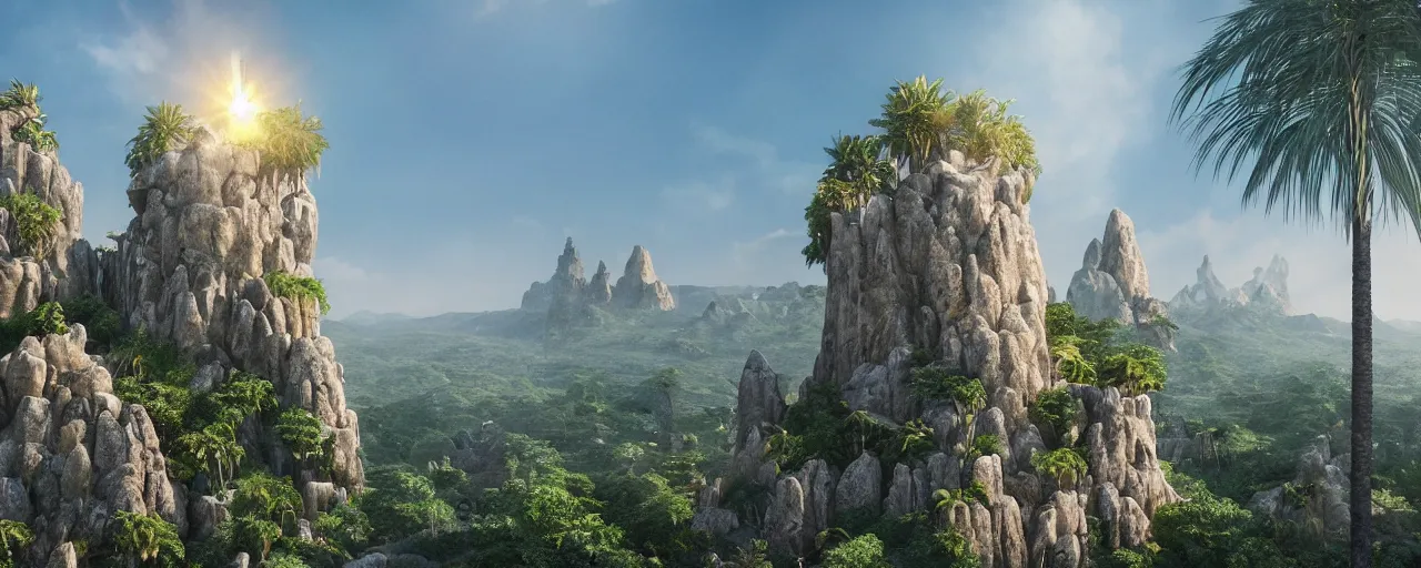 Image similar to single tower, golden babylon tower, beight stone, sacred ancient architecture, hanging gardens, cascading highrise, arid mountains with lush palm forest, sunlight, post - production, octane, cgi, sfx