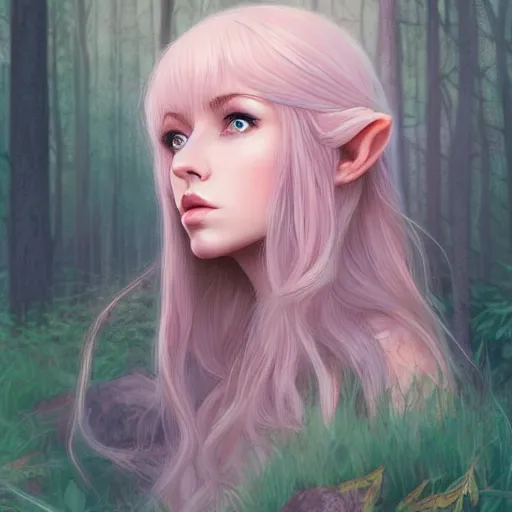 Image similar to elven huntress in mystic forest, pastel light pink very long hair, muted colors, matte print, pastel colors, 2d, ultra highly detailed, digital art, digital painting, fan art, elegant, artstation, head is centered, by Ilya Kuvshinov