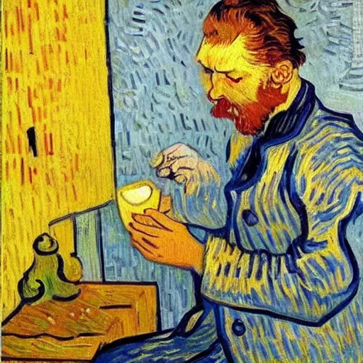 Image similar to french guy eating yogurt, painting, artwork by van gogh