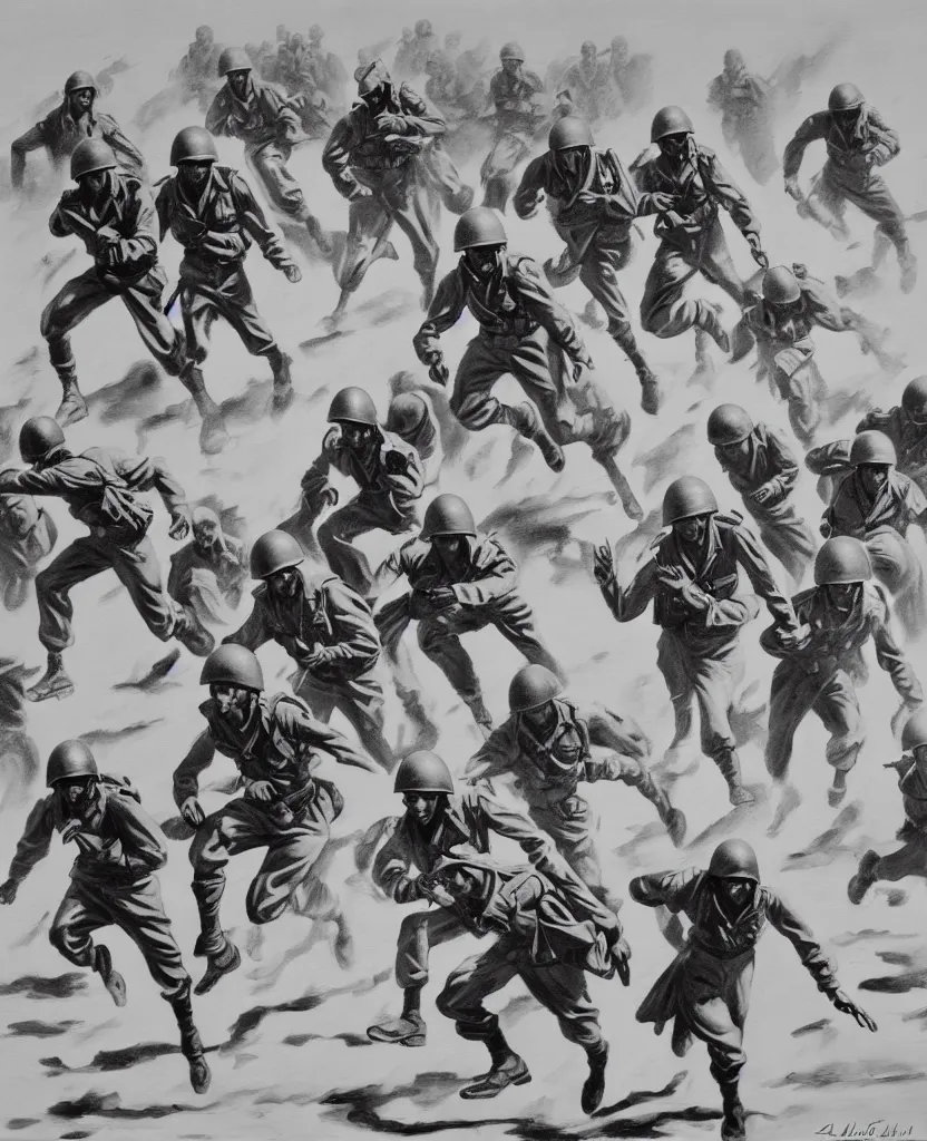 Prompt: a painting of running soldiers and bombs in el alamein battle, wwii,, black and white, disorder, bauhaus