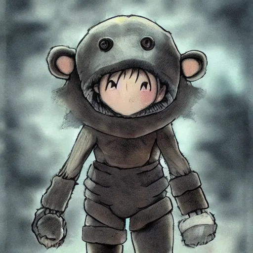 Image similar to little boy wearing an cyborg bear suit, artwork in kentaro miura and made in abyss, smooth, beautiful lightness, anatomically correct, trending on pixiv