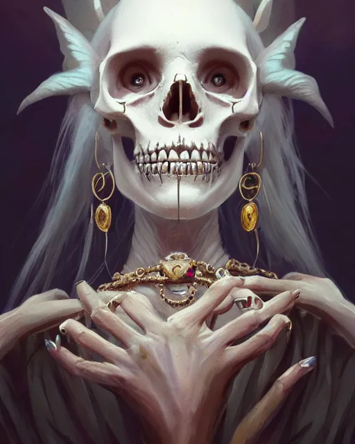 Prompt: portrait of a bone queen, bone crown, skull earings, bone dress, stephen bliss, unreal engine, by greg rutkowski, loish, rhads, makoto shinkai and lois van baarle, ilya kuvshinov, rossdraws, global illumination, radiant light, detailed and intricate environment