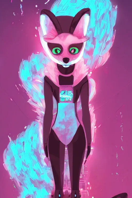 Image similar to a cute cyberpunk anthropomorphic fox with a fluffy tail, comic art, trending on furaffinity, cartoon, kawaii, backlighting, furry art!!!, warm light, concept art, glitch art