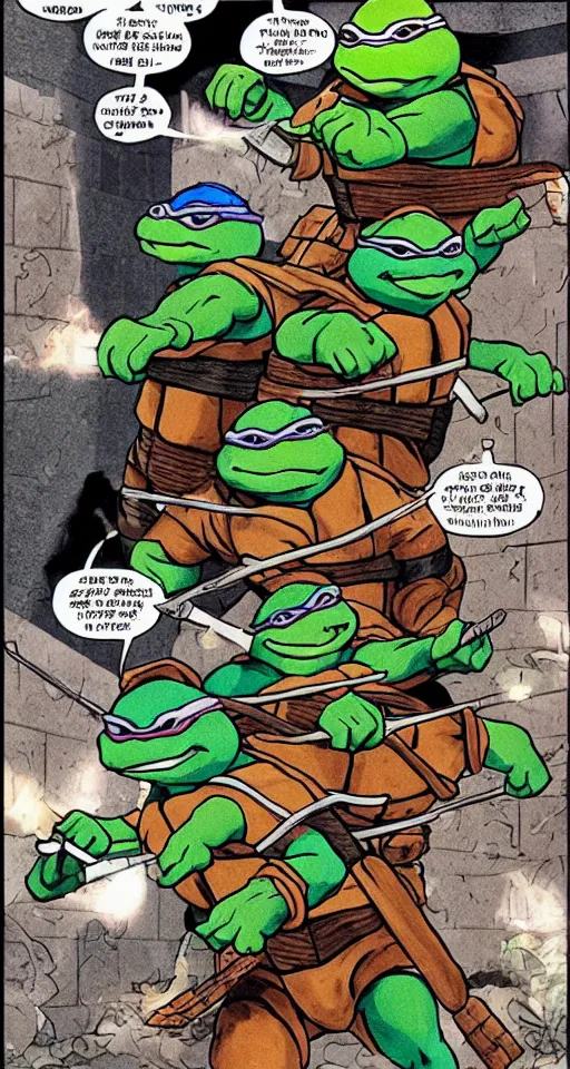 Prompt: the ninja turtles are smoking crack together in a dark alleyway