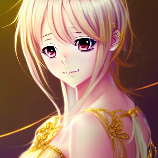 Image similar to portrait of an anime princess in white and golden clothes , digital painting , artstation , gorgeous , cute , beautiful , elegant , devian art , 4k , HD