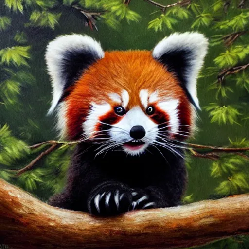 Image similar to cute fluffy baby red panda sitting in forest, detailed painting 4k in the style of mark brooks