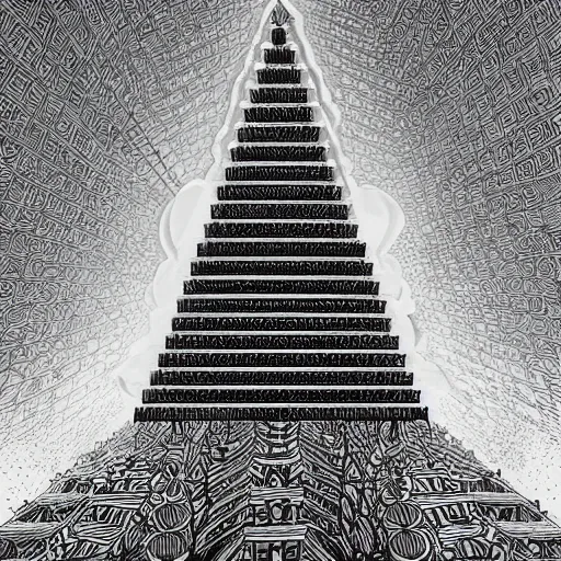 Image similar to perfectly-centered black and white chequered starcase ascending up a pyramid into the clouds, pillars on either side of the staircase, grain, surrealist, POV shot, intricate details, ornate, highly detailed, digital painting, artstation, concept art, smooth, sharp focus, illustration, Unreal Engine 5, 8K, art by Joe Fenton and M.C Esche and Rob Gonsalves