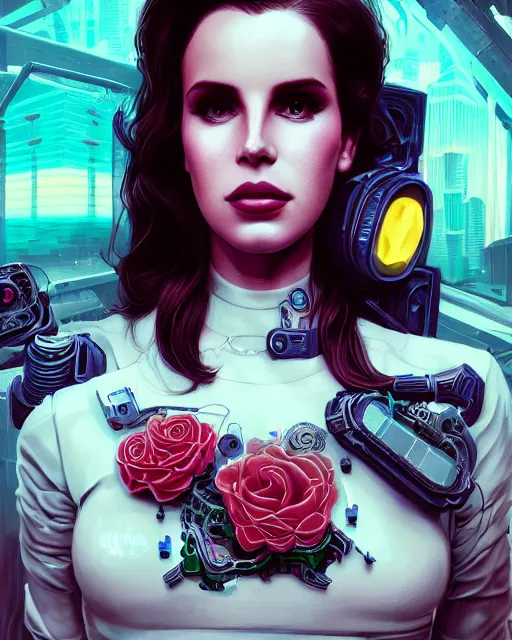 Image similar to portrait of lana del rey as a cyberpunk cyborg. roses, sci - fi, intricate abstract, upper body, intricate artwork, by tooth wu, wlop, beeple, dan mumford. concept art, 8 k octane render, deviantart, greg rutkowski, cinematic, key art, hyperrealism, iridescent accents