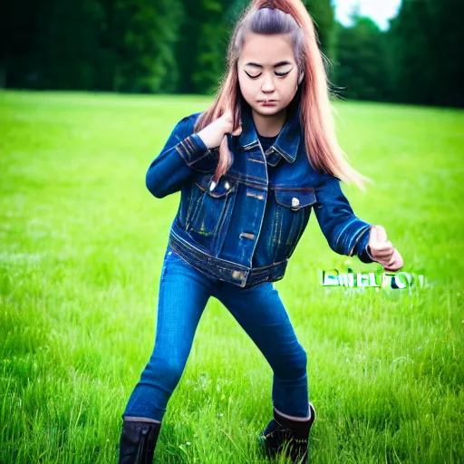 Image similar to a young girl plays on a great green meadow, she wears a jacket, jeans and boots, she has ponytails, photo taken by a nikon, highly detailed, sharp focus