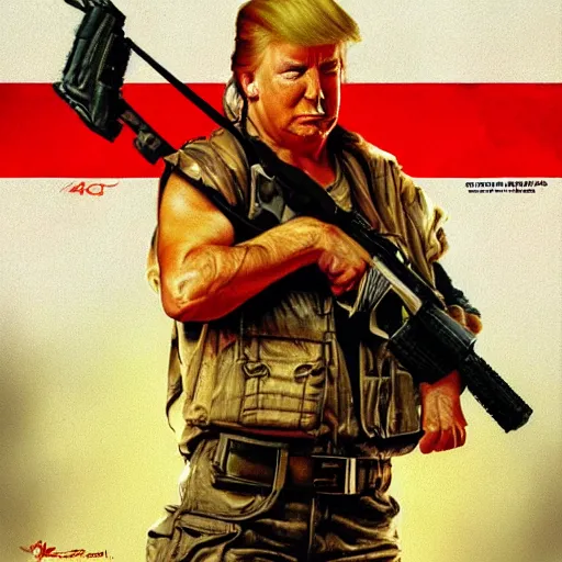 Prompt: trump as rambo, movie poster, digital art, high - detailed, 4 k, artstation, hyper - realistic, by drew struzan