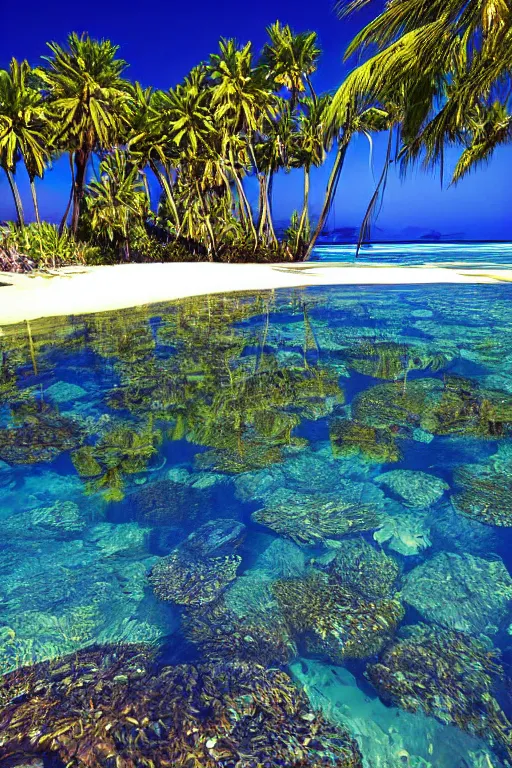 Prompt: palms lean over crystal clear water, photograph by scott westmoreland