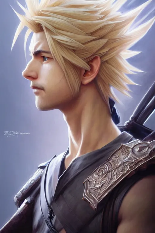 Prompt: full body portrait of Cloud Strife, intricate, elegant, highly detailed, digital painting, artstation, concept art, smooth, sharp focus, illustration, art by artgerm and greg rutkowski and alphonse mucha