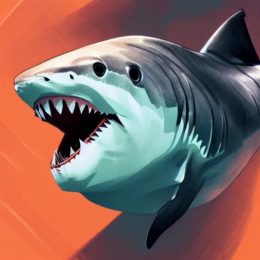 Prompt: great white shark, side view, with a conical orange traffic cone on its dorsal fin - ron cheng & alphonse mucha, highly detailed, digital painting, ray tracing, concept art, illustration, smooth sharp focus, intricate, symmetry, artstation,