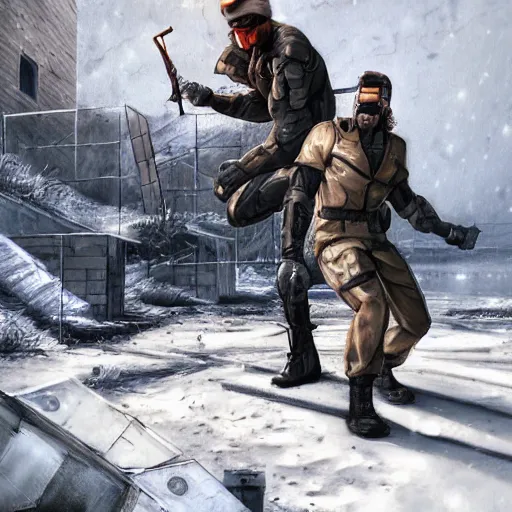 Image similar to Solid Snake from MGS and Gordon Freeman from Half-Life melee fight against each other on an abandoned military base, winter, very detailed, hyper realism, epic, close-up fight, digital art, concept art, illustration, artstation, cgi, 4k