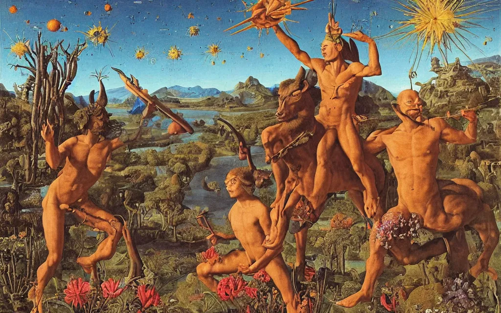 Image similar to a portrait photograph of a meditating satyr and a centaur monk riding a rocket machine and hunting at a river delta. surrounded by bulbous flowers and trees. mountain range under a blue sky of fiery stars. by jan van eyck, max ernst, ernst haeckel, ernst fuchs and artgerm, cgsociety, fashion editorial, 8 k