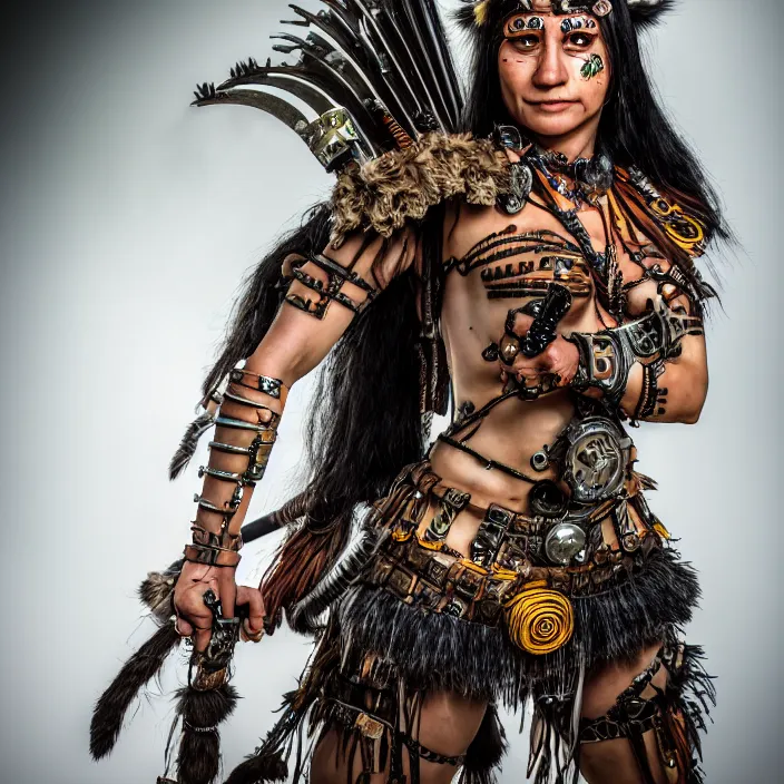 Prompt: full length portrait photograph of a real-life beautiful clockpunk amazon warrior. Extremely detailed. 8k