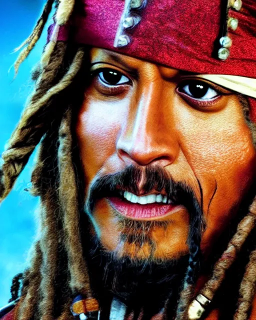 Image similar to Film still close-up shot of Dwayne Johnson as Captain Jack Sparrow from the movie Pirates of the Caribbean. Dwayne The Rock Johnson Photographic, photography