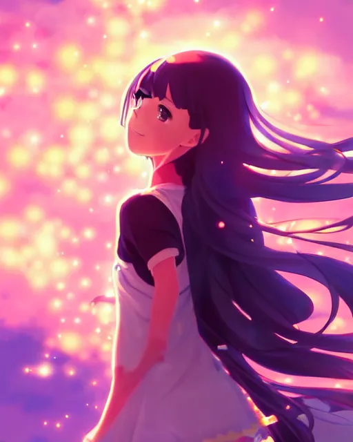 Image similar to anime style, vivid, expressive, full body, 4 k, painting, a cute magical girl with a long wavy black hair, stunning, realistic light and shadow effects, centered, simple background, studio ghibly makoto shinkai yuji yamaguchi