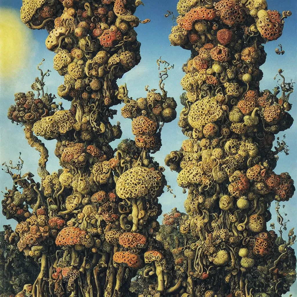 Image similar to a single colorful! ( lovecraftian ) fungus tower white! clear empty sky, a high contrast!! ultradetailed photorealistic painting by jan van eyck, audubon, rene magritte, agnes pelton, max ernst, walton ford, andreas achenbach, ernst haeckel, hard lighting, masterpiece