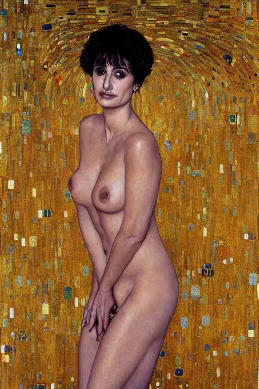 Image similar to oil painting, portrait of penelope cruz, artwork by gustav klimt