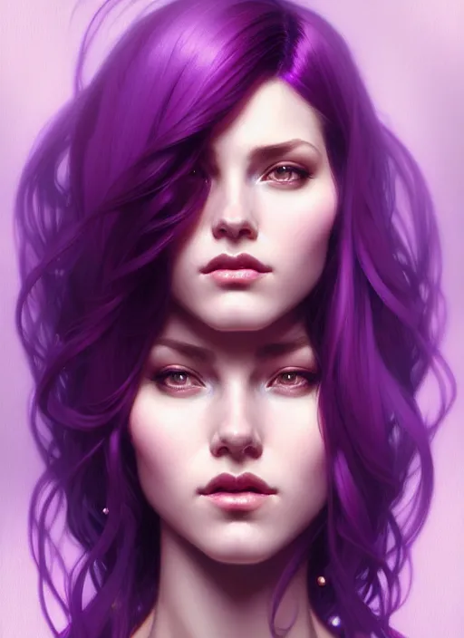 Image similar to Purple hair Portrait of woman, intricate, elegant, highly detailed, digital painting, artstation, concept art, smooth, sharp focus, illustration, art by artgerm and greg rutkowski and alphonse mucha