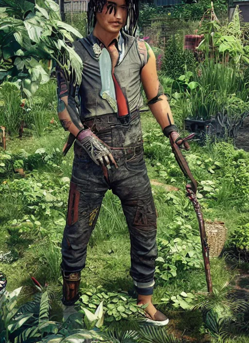 Prompt: johnny silverhand working in a garden, wake up samurai, solarpunk, lots of plants, gardening, permaculture, cyberpunk 2 0 7 7, anarchy, realistic, ultra detailed