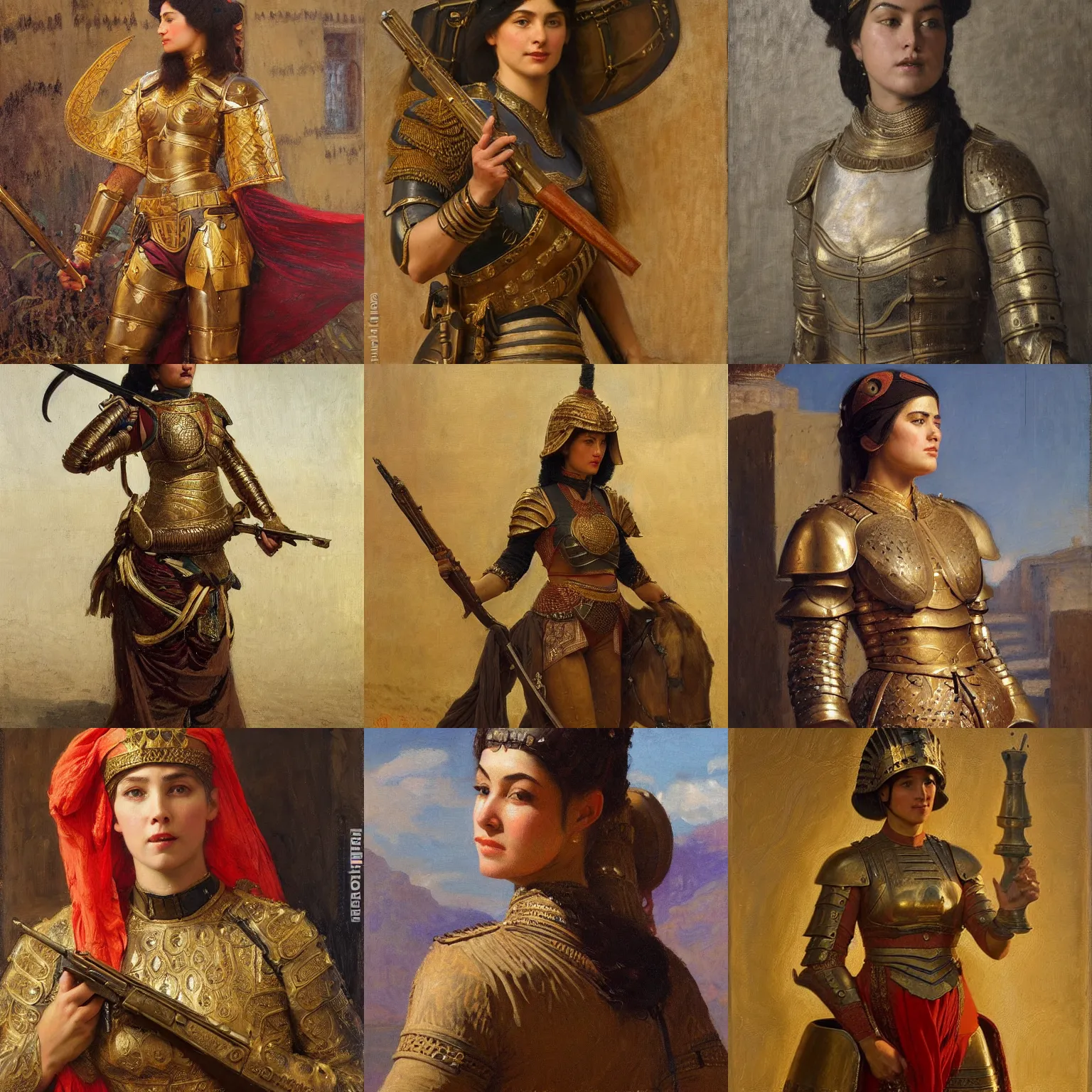 Prompt: orientalism female soldier wearing heavy armor by edwin longsden long and theodore ralli and nasreddine dinet and adam styka, masterful intricate artwork. oil on canvas, excellent lighting, high detail 8 k