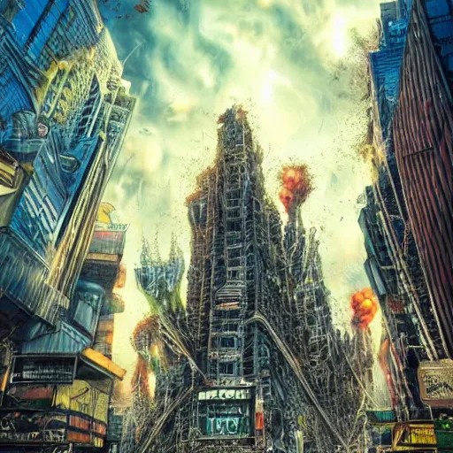 Image similar to destructive giant monsters in the city, photorealistic, highly detailed, sharp focus, vivid, colorful, symmetrical, random, convoluted, mind - blowing, creative, fully functional, end of the world, physics defying, amazing, cool