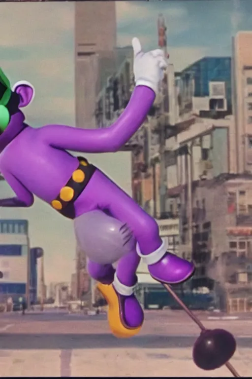 Image similar to still from vhs footage of waluigi attacking city