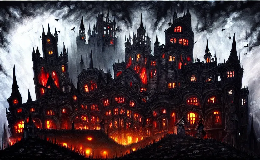 Image similar to oily painting, highly detailed, gothic style burning! castle on a left side, bats flying away from castle, vampires chasing village people, night time, trending on art station by resident evil village
