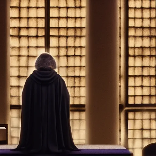 Image similar to emperor palpatine preaching to people at church, 8k cinematic lighting, very sharp detail, anatomically correct