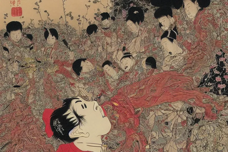 Prompt: zhongyuan festival, chinese ghost festival, the war of the dead, the evil spirits struggling in the tumbling oil pot by takato yamamoto,