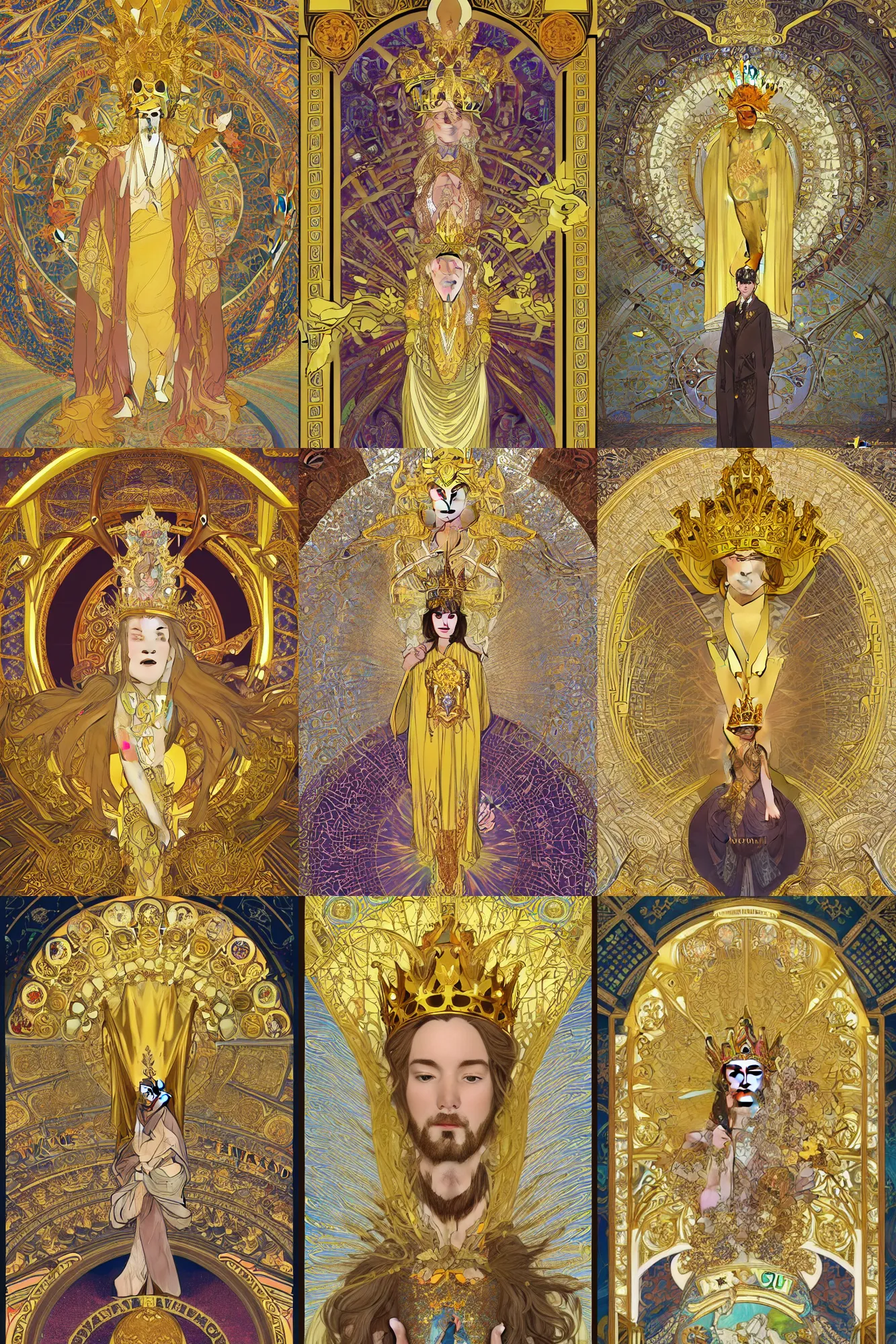 Prompt: A full body portrait of a majestic king of the mountain, the vaulted marble hall with a very long yellow cloak, a golden crown floating above his head, tiled flooring around him art by Alphonse Mucha, Ross Tran, Lee Griggs and Jason Chan, joyous trumpets, cosmic royalty, trending on artstation, Ultra detailed, hyper realistic 4k