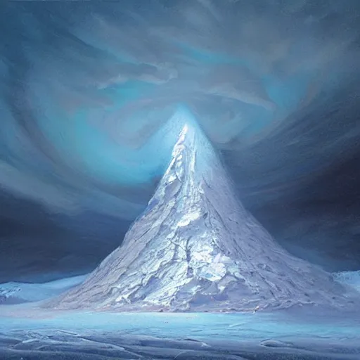 Image similar to an ice volcano, oil painting, cold, snow landscape, sci-fi concept art, very detailed