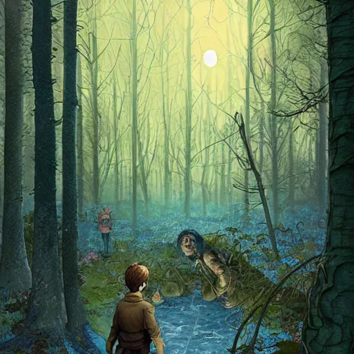 Image similar to Samuel Vimes is investigating in the Forbidden Forrest at midnight, full moon, blue tones, detailed, hyperrealistic, colorful, cinematic lighting, digital art by Paul Kidby, Kate Oleska and Jim Kay