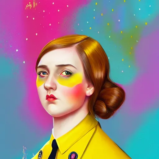 Image similar to colorful and festive cute female young plus size female hitler with tan skin, clear sharp female adolf hitler face, wearing yellow floral blouse. full body, rich vivid pastel colors, ambient lighting, dynamic lighting, 4 k, atmospheric lighting, painted, intricate, highly detailed by charlie bowater