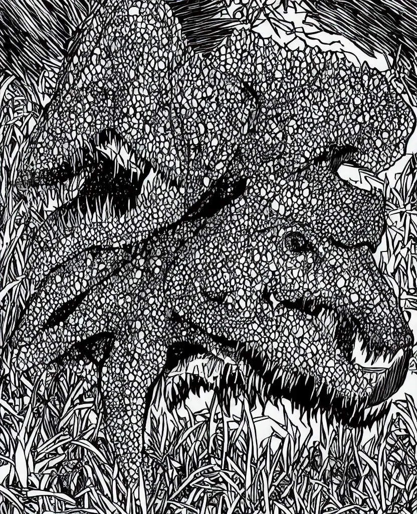 Image similar to tyrannosaurus rex walking around the countryside, symmetrical, accurate, simple clean black lines, black and white, white background and fill, coloring book, comic book, graphic art, line art, vector art, by martina matteucci, pavel shvedov, peter lundqvist, diane ramic, christina kritkou, artstation