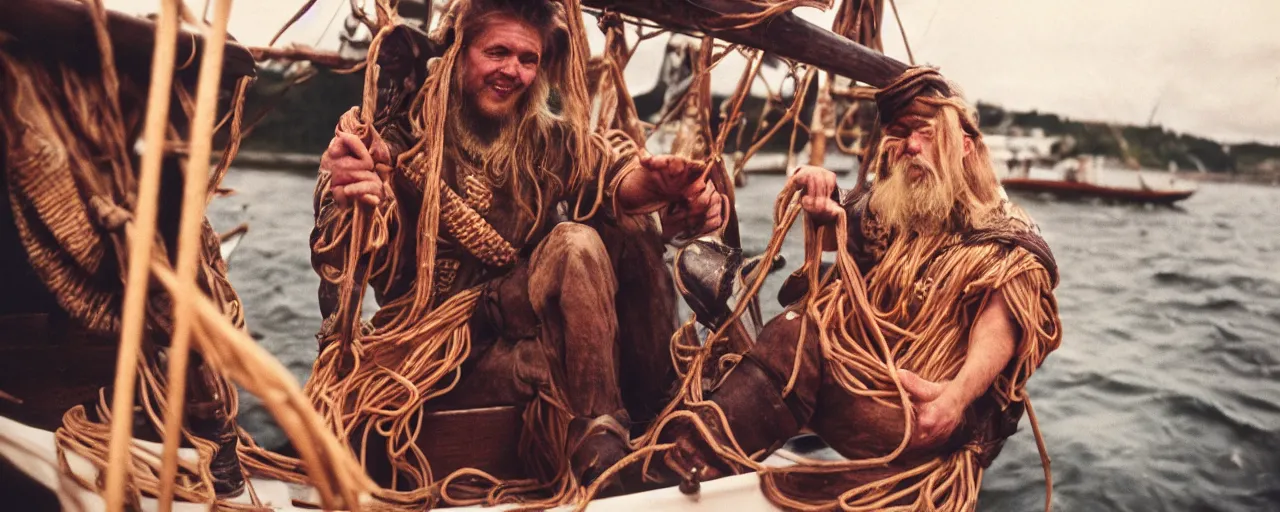 Image similar to vikings sailing on a boat filled with spaghetti, baltic sea, canon 5 0 mm, super detailed face, facial expression, cinematic lighting, photography, retro, film, kodachrome