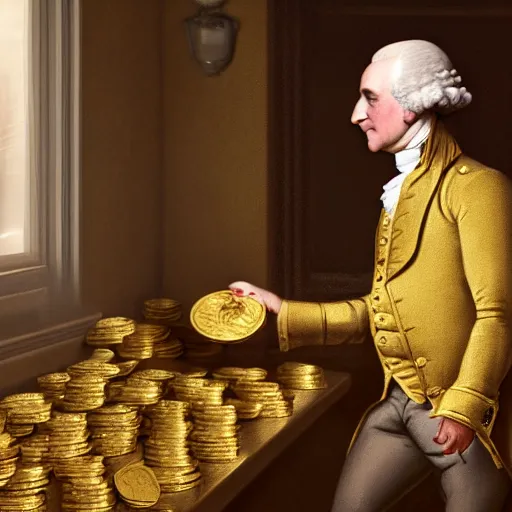 Image similar to a closeup photorealistic photograph of a happy George Washington inspecting small gold Doubloon coins at his home on Cherry Street. This 4K HD image is Trending on Artstation, featured on Behance, well-rendered, extra crisp, features intricate detail and the style of Unreal Engine.