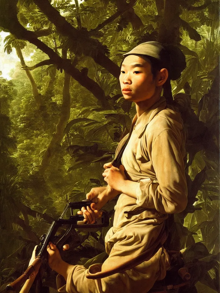 Image similar to portrait of a vietcong soldier, majestic, in the jungle, fine art portrait painting, strong light, fashion, clair obscur, by caravaggio, by johannes vermeer, by jean honore fragonard, by peter paul rubbens, by bouguereau