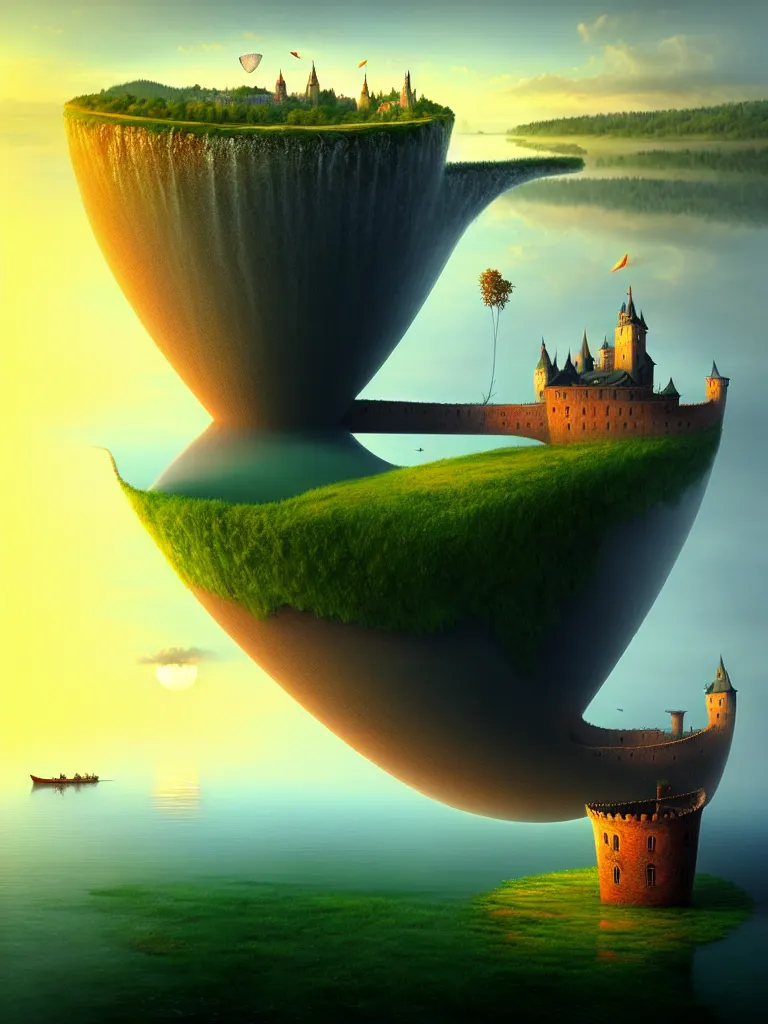 Prompt: gediminas pranckevicius an immense gigantic ornated iron cup with a lake inside, water in excess droping by, boats, castle, sunset, volumetric light, godrays