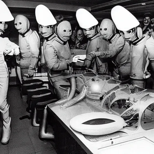 Prompt: alien came to the first mcdonald's in the ussr, top secret style, 1 9 7 0 s