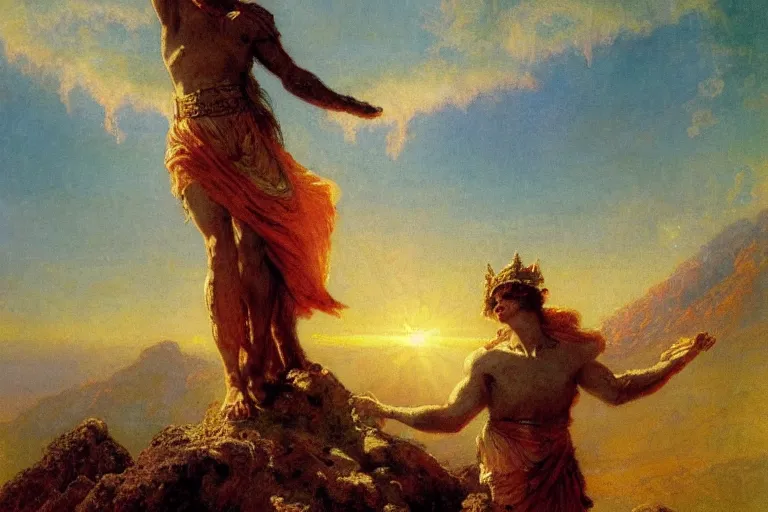 Prompt: illustration of a mythical hero standing at the top of a mountain with the sun in his hands, holding it up to shine over the world. mythology. art by gaston bussiere.