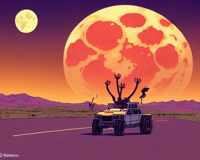 Image similar to a study of cell shaded cartoon of a six legged mechanical coyote on a desert road, in front of a big moon illustration, wide shot, subtle colors, post grunge, concept art by josan gonzales and wlop, david rubin, mike mignola, laurie greasley, highly detailed, sharp focus, trending on artstation, hq, deviantart, art by artgem