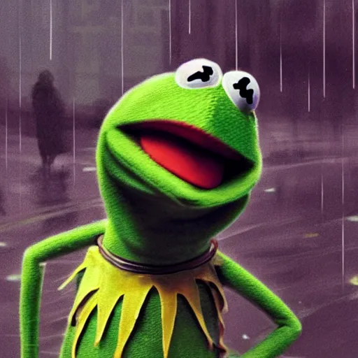 Prompt: highly detailed close up portrait of kermit the frog ((kermit the frog)) (((kermit the frog))) in the rainy streets of a cyberpunk dystopia, by Dustin Nguyen, Akihiko Yoshida, Greg Tocchini, Greg Rutkowski, Cliff Chiang, 4k resolution, nier:automata inspired, bravely default inspired ((dystopian cyberpunk background))