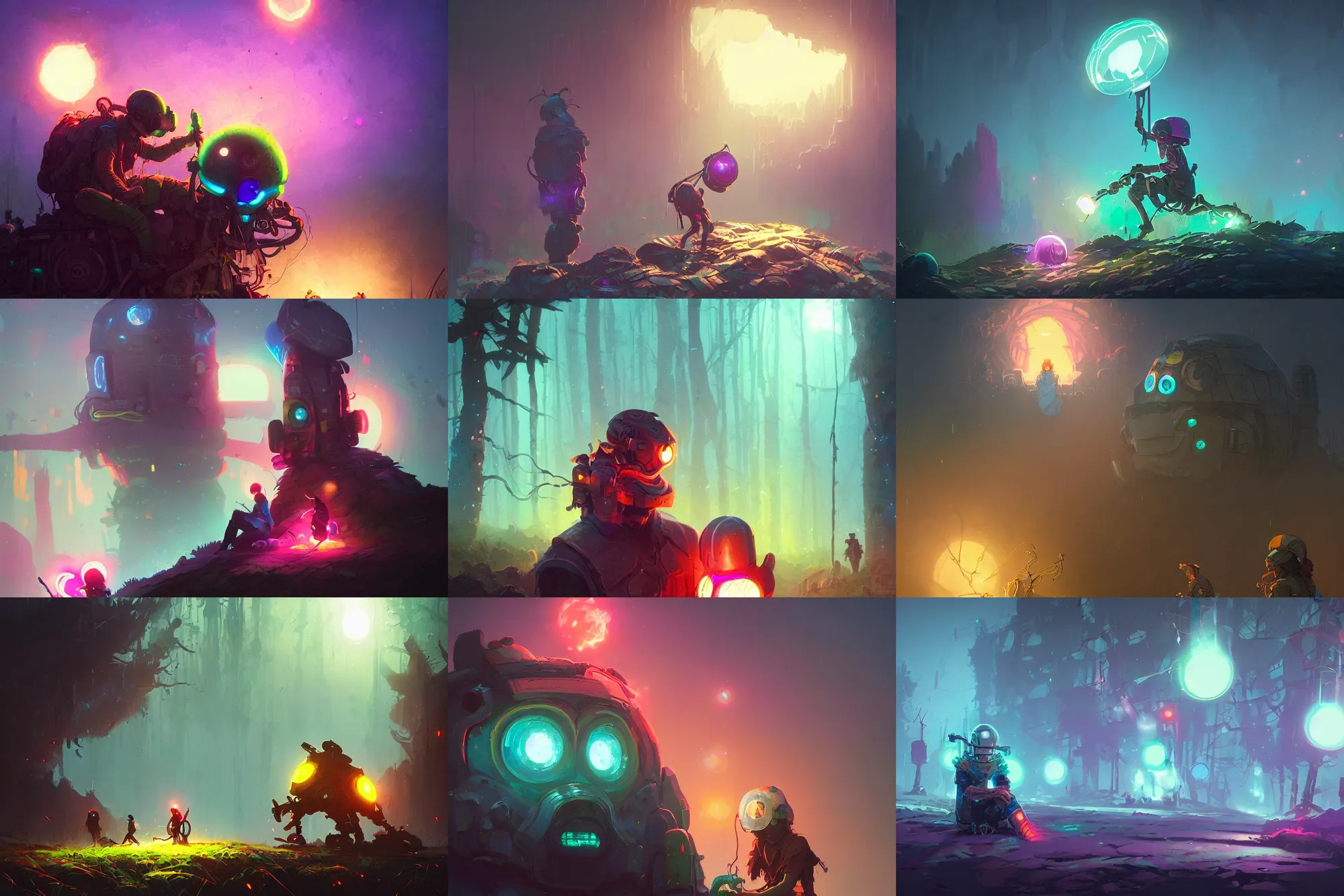 Prompt: broken friend, tick helmet, glowing lights, epic fantasy, colorfully, digital art, highly saturated colors, concept art, detailed illustration, hd, 4 k, digital art, greg rutkowski, dan mumford, studio ghibli trending on artstation