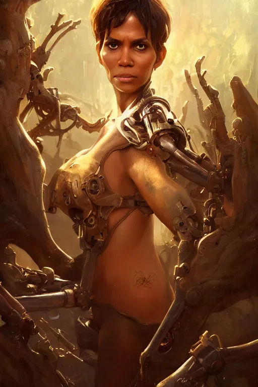 Image similar to portrait oils, beautiful female hybrid cyborg halle berry regal, realistic, refined, detailed, digital art, jessica rossier, michael cheval, esao andrews, steampunk, walt disney, francois boucher, oil painting, highly detailed, cinematic lighting, unreal, natural