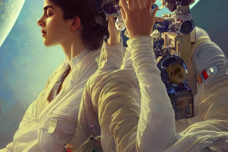 Image similar to Sensual good looking pale young Indian doctors wearing jeans in a space station above Earth, portrait, elegant, intricate, digital painting, artstation, concept art, smooth, sharp focus, illustration, art by artgerm and greg rutkowski and alphonse mucha