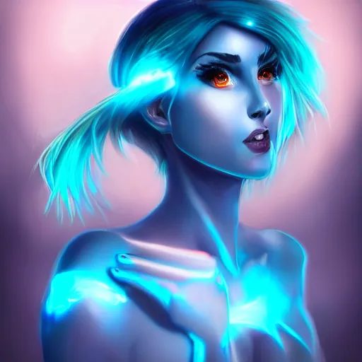 Image similar to beautiful monster girl, black hair, blue eyes, glowing skin, photorealistic