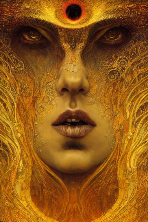 Image similar to Visions of Hell by Karol Bak, Jean Deville, Gustav Klimt, and Vincent Van Gogh, nightmare portrait, infernal, visionary, otherworldly, fractal structures, ornate gilded medieval icon, third eye, hellfire, stygian, spirals